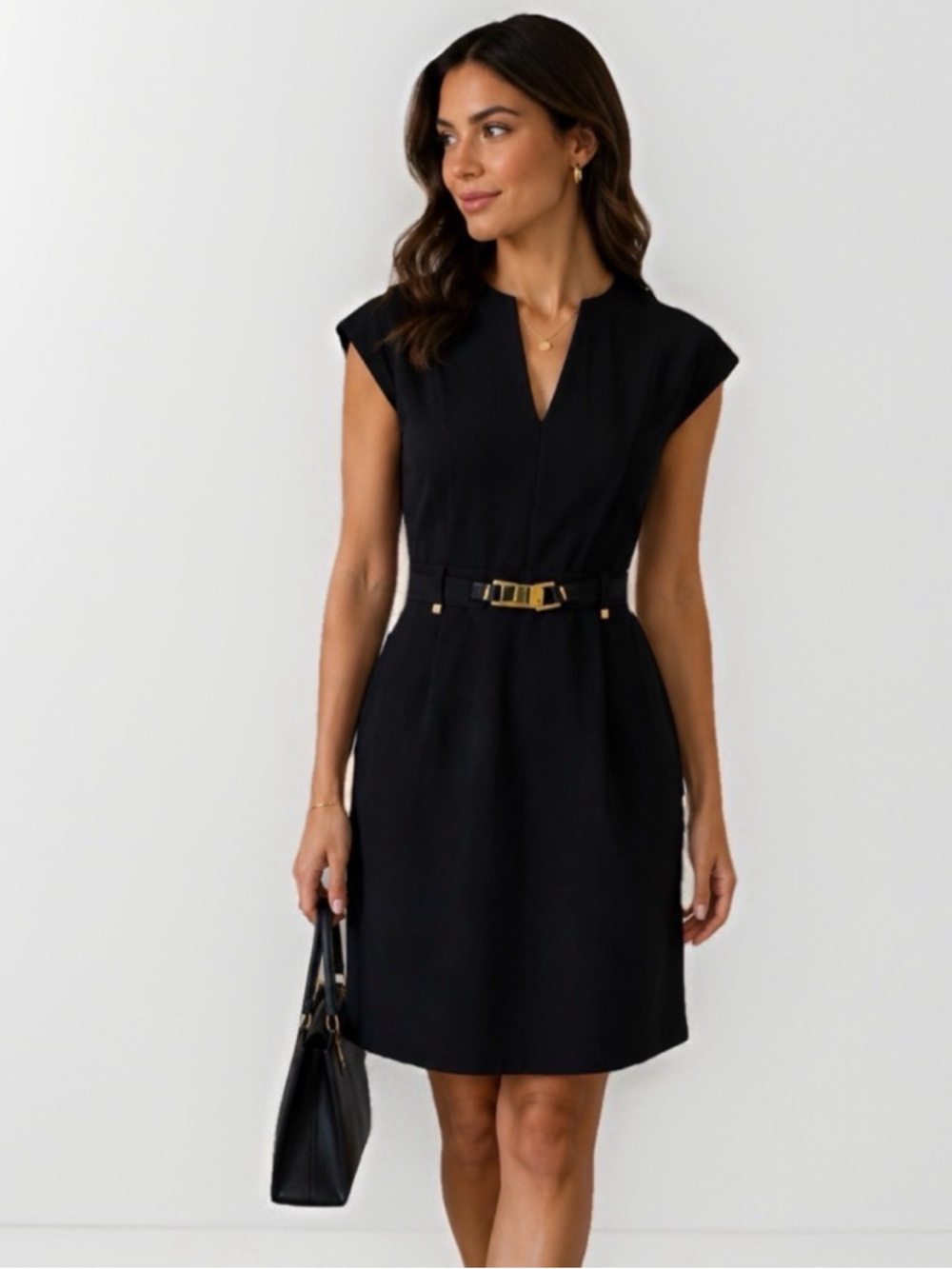 Calvin Klein Black V-Neck Belted Dress Size 10